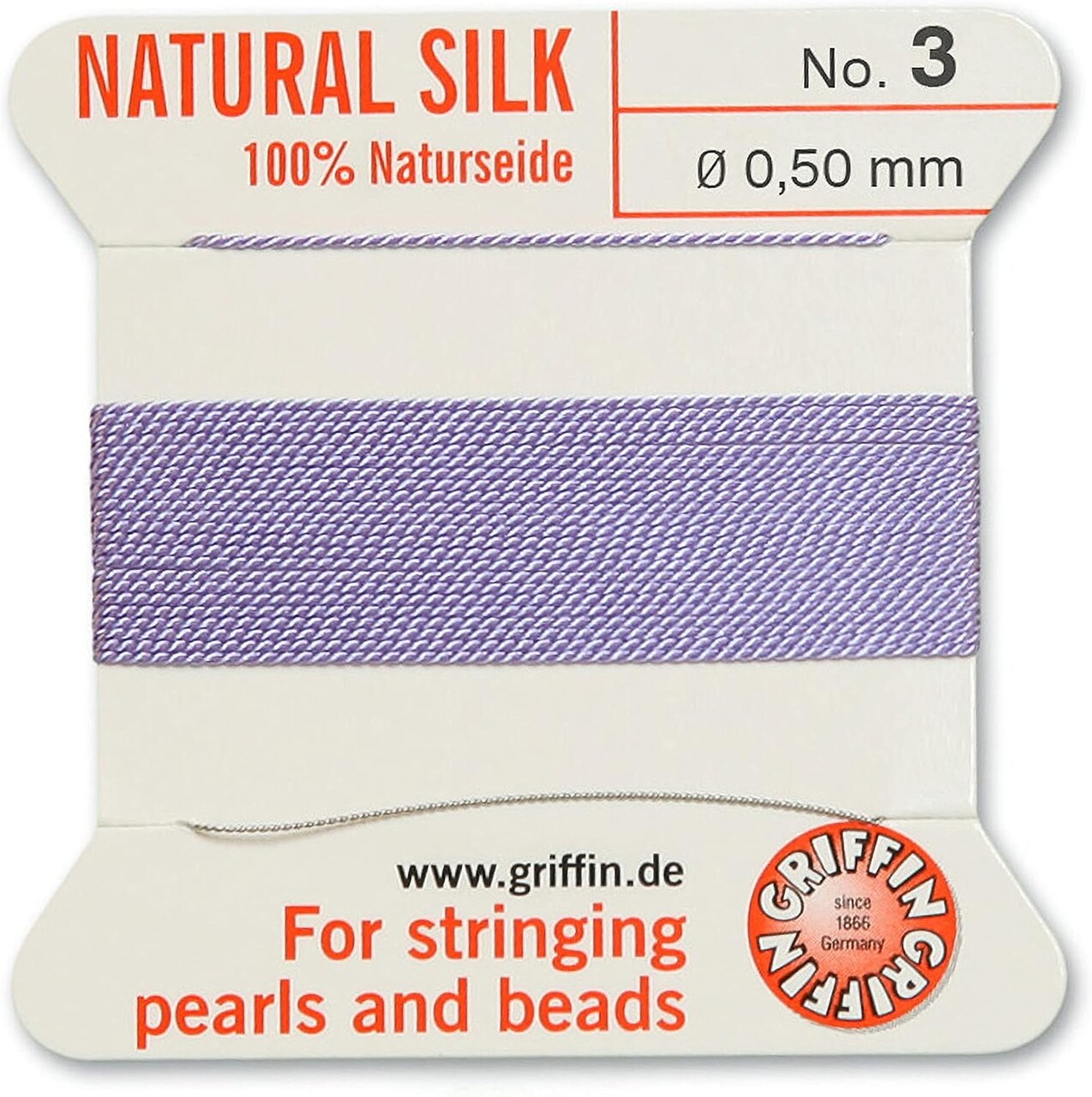 Griffin Silk Bead Cord Perlseide – Size 3 (0.50mm) – 2 Meters per Card – Stainless Steel Needle Attached – for Knotting Pearls, Gemstones, Crystals and Beads